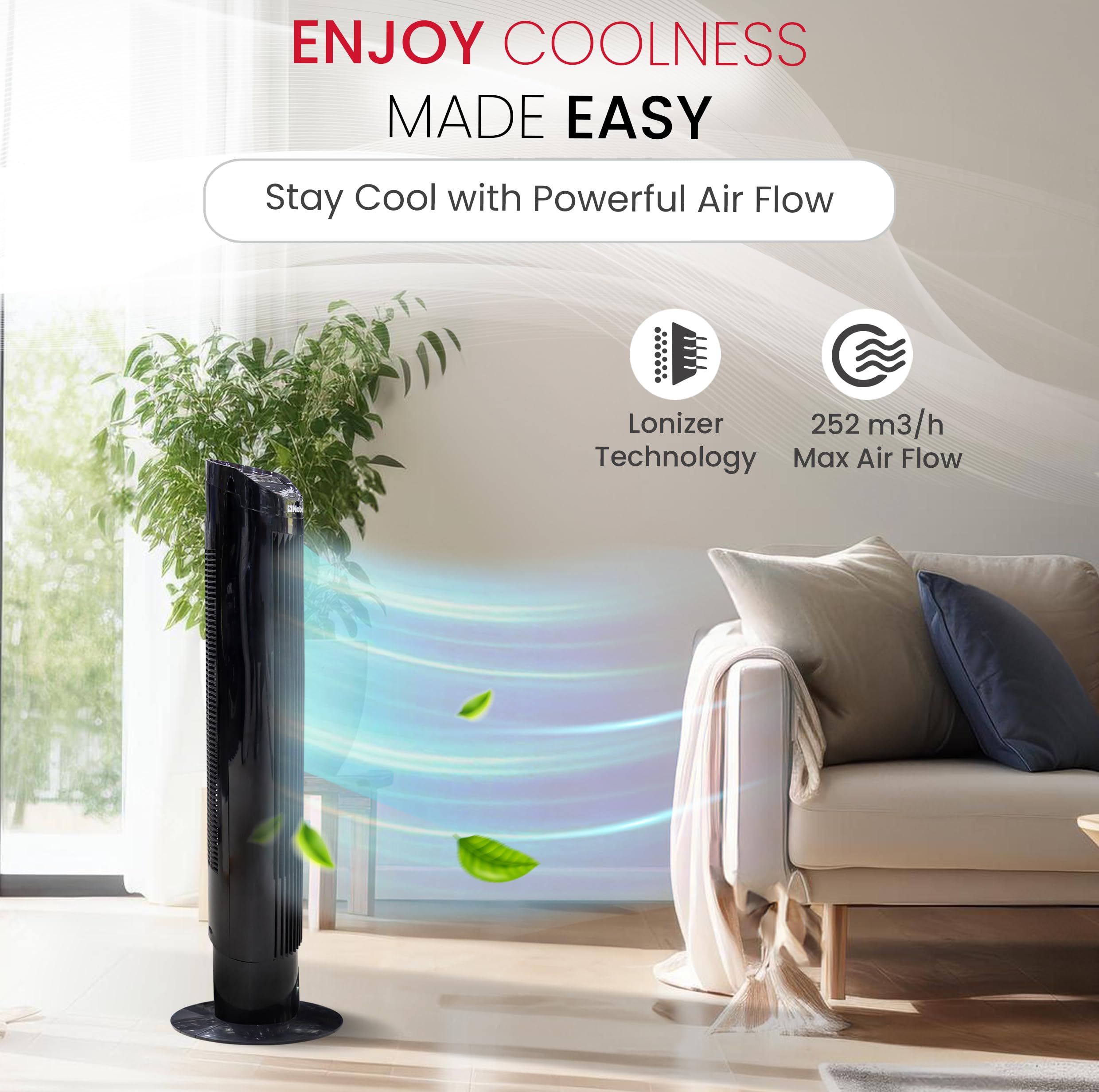Nobel Tower Fan with Remote | 55W Oscillating Cooling Fan