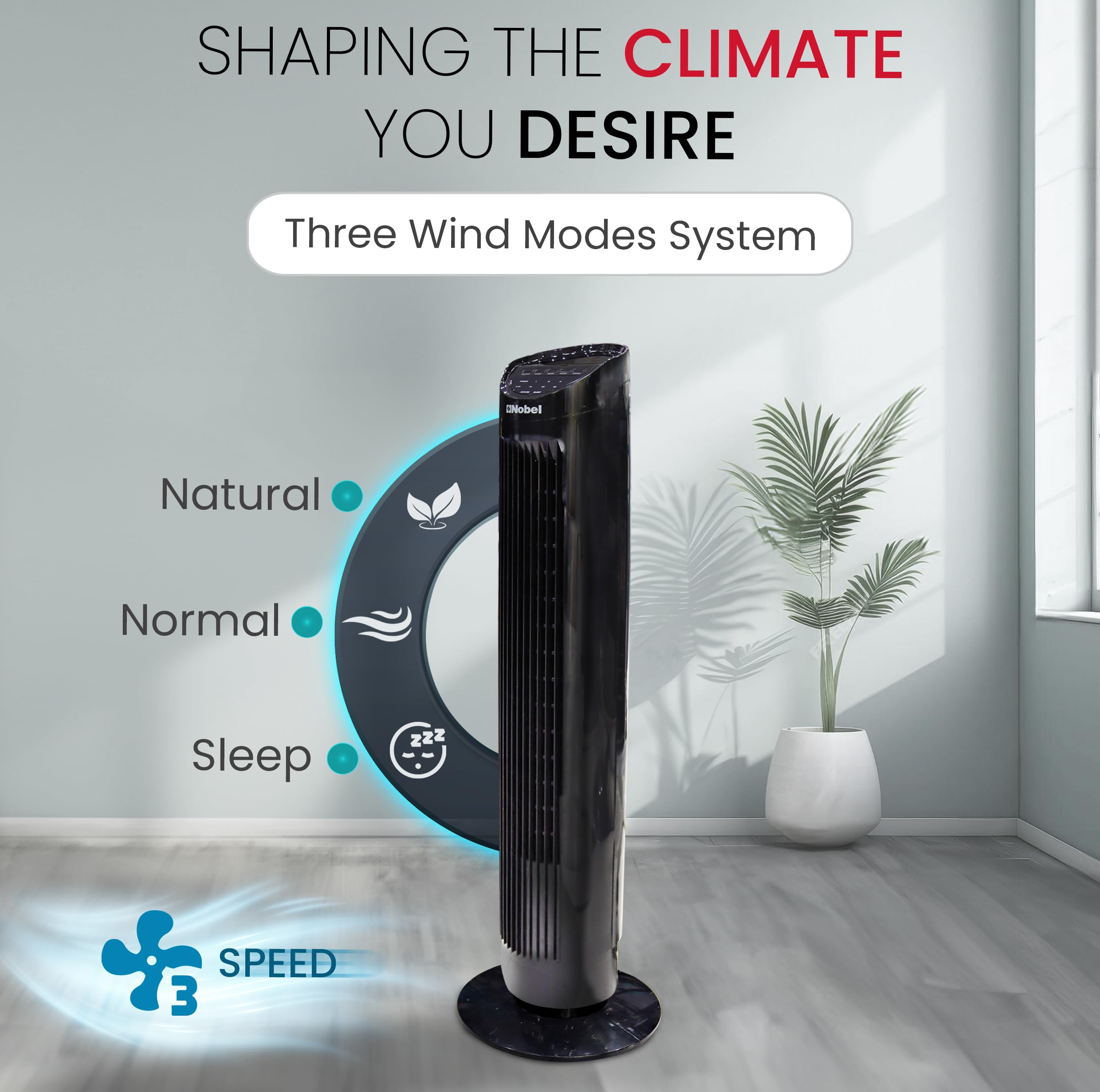 Nobel Tower Fan with Remote | 55W Oscillating Cooling Fan