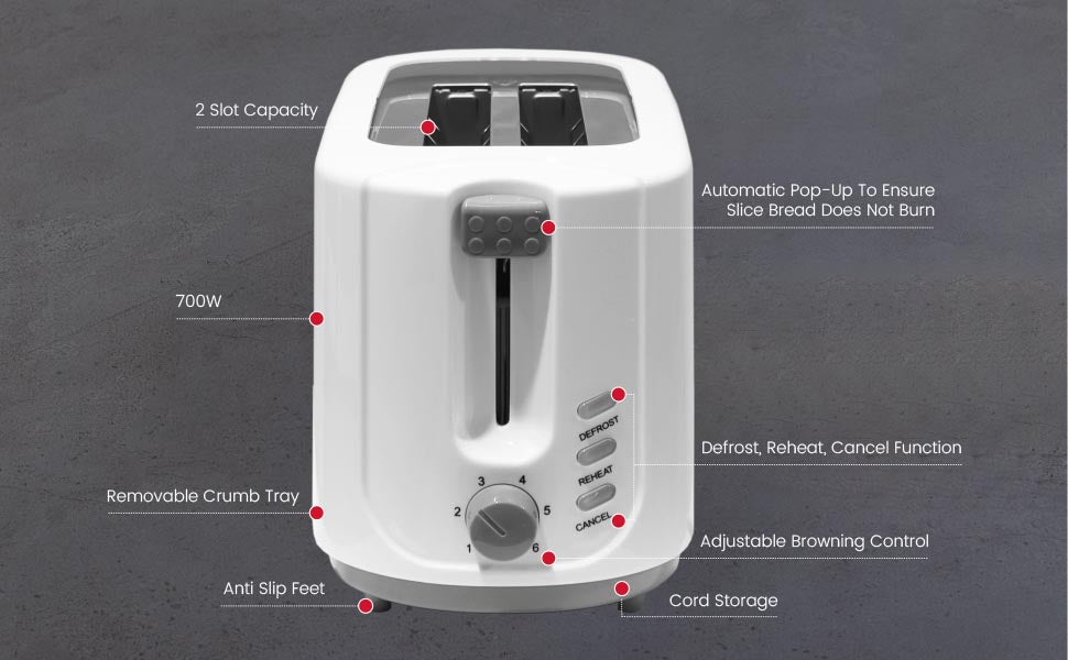Nobel 2 Slice Toaster 700W | Bread Toaster with Browning Control